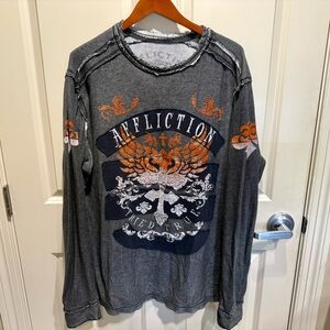 Y2K AFFLICTION MENS REVERSIBLE LONG SLEEVE GREY THERMAL SHIRT LIVE FAST 3XL XXXL